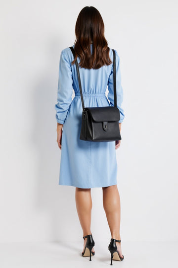 Polo Collar Blue Long Sleeves Midi Work Dress with Slit